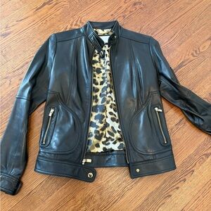 Laundry By Shelli Segal Black Leather Jacket with Leopard Lining